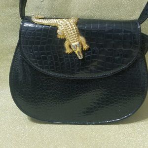 Crocodile embossed vintage bag with Brass crocodile on flap